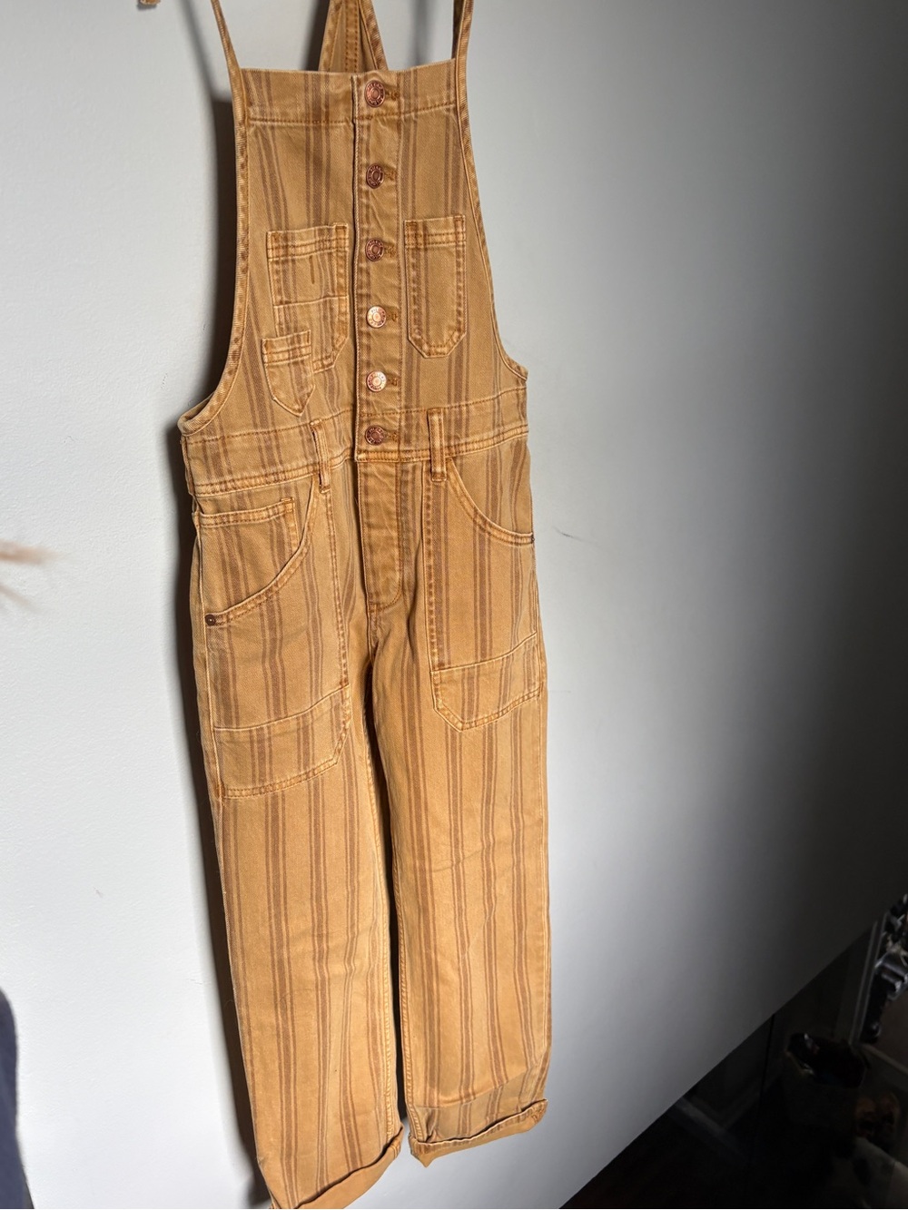 Anthropologie Pilcro Striped Camel Brown Button-Front Overalls - Picture 2 of 14